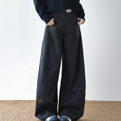 卡通印花闊腿褲女2025新款純棉水洗彎刀褲寬鬆休閒褲