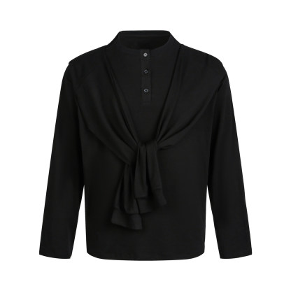 亨利領長袖t恤女早秋韓系慵懶鬆弛感上衣疊穿披肩