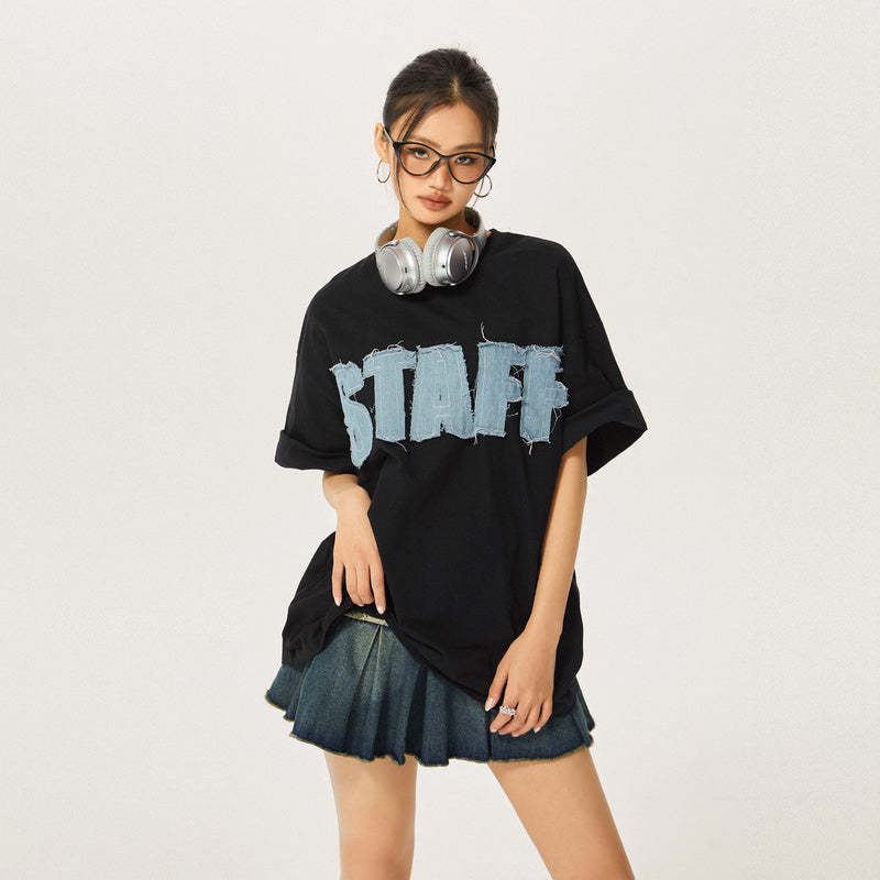 美式復古字母街頭中性風短袖T恤女夏季寬鬆上衣