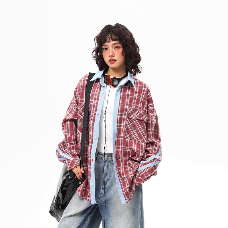 美式復古撞色格子長袖襯衫女春季寬鬆百搭格紋襯衣