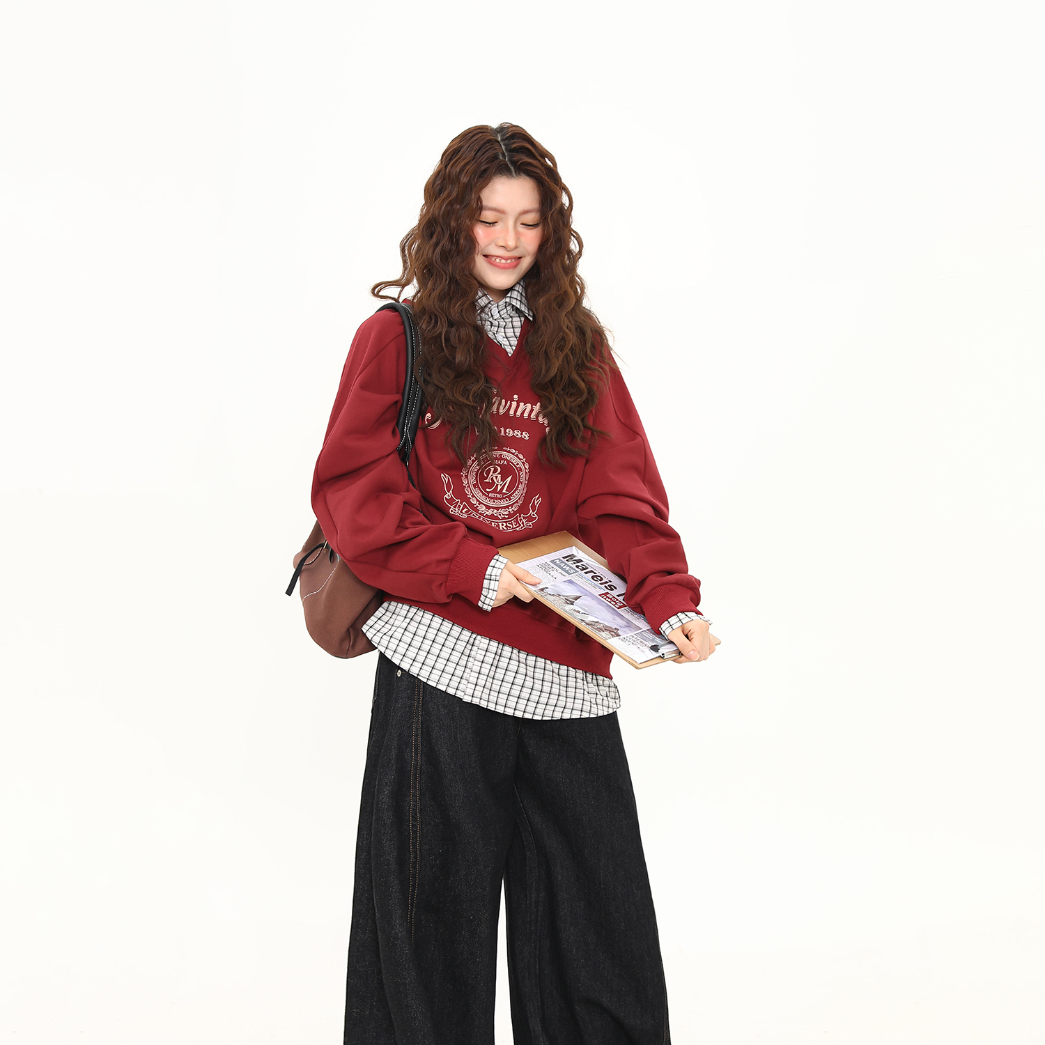 美式復古學院風格子假兩件衛衣女秋冬寬鬆百搭紅色上衣