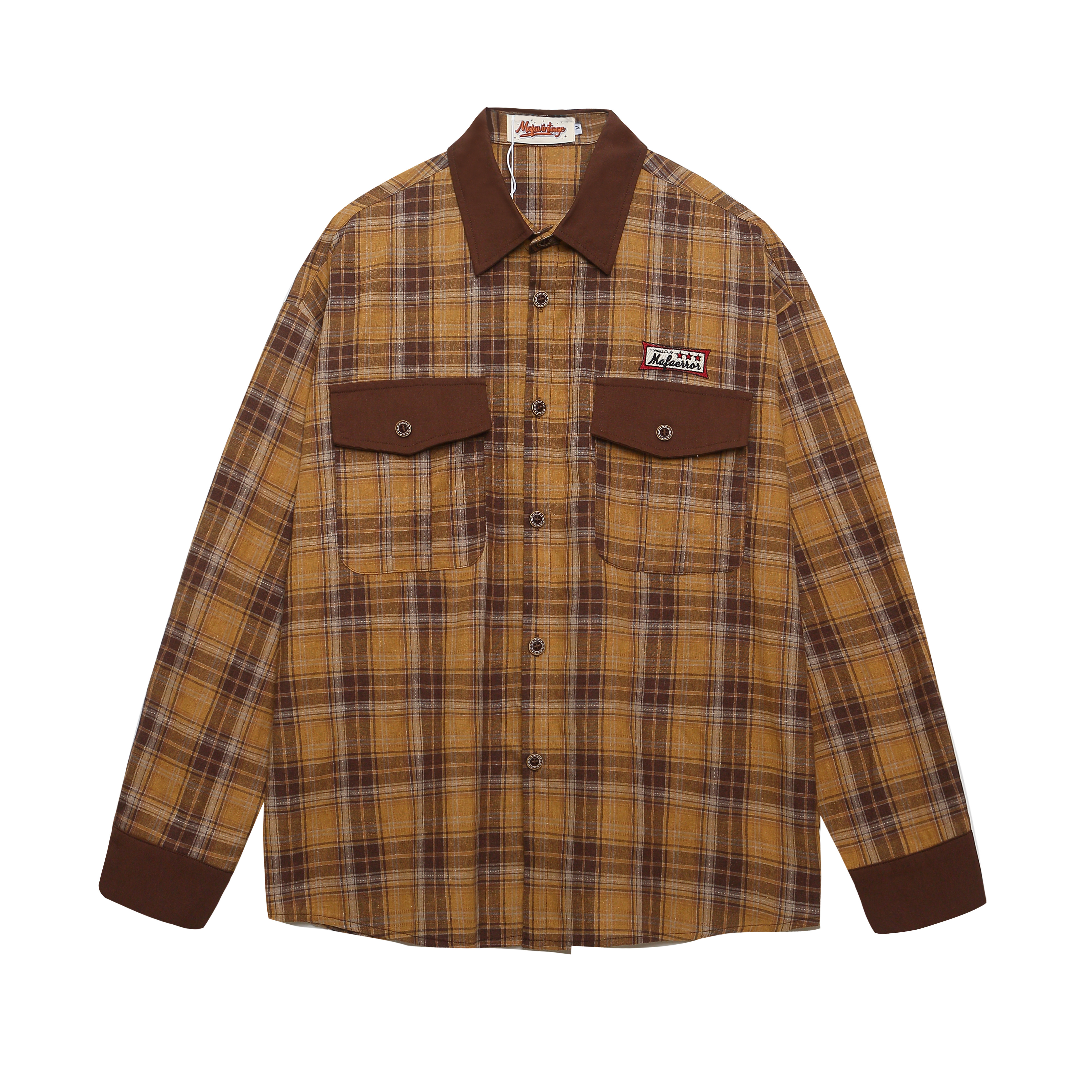 早秋新款美式復古長袖格子襯衫女拼接設計感潮流外穿襯衣