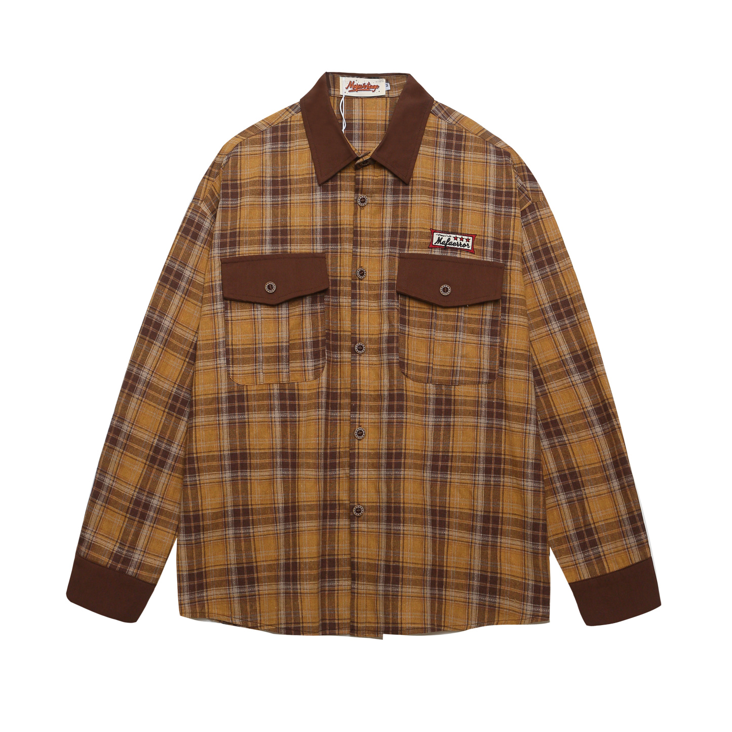 早秋新款美式復古長袖格子襯衫女拼接設計感潮流外穿襯衣