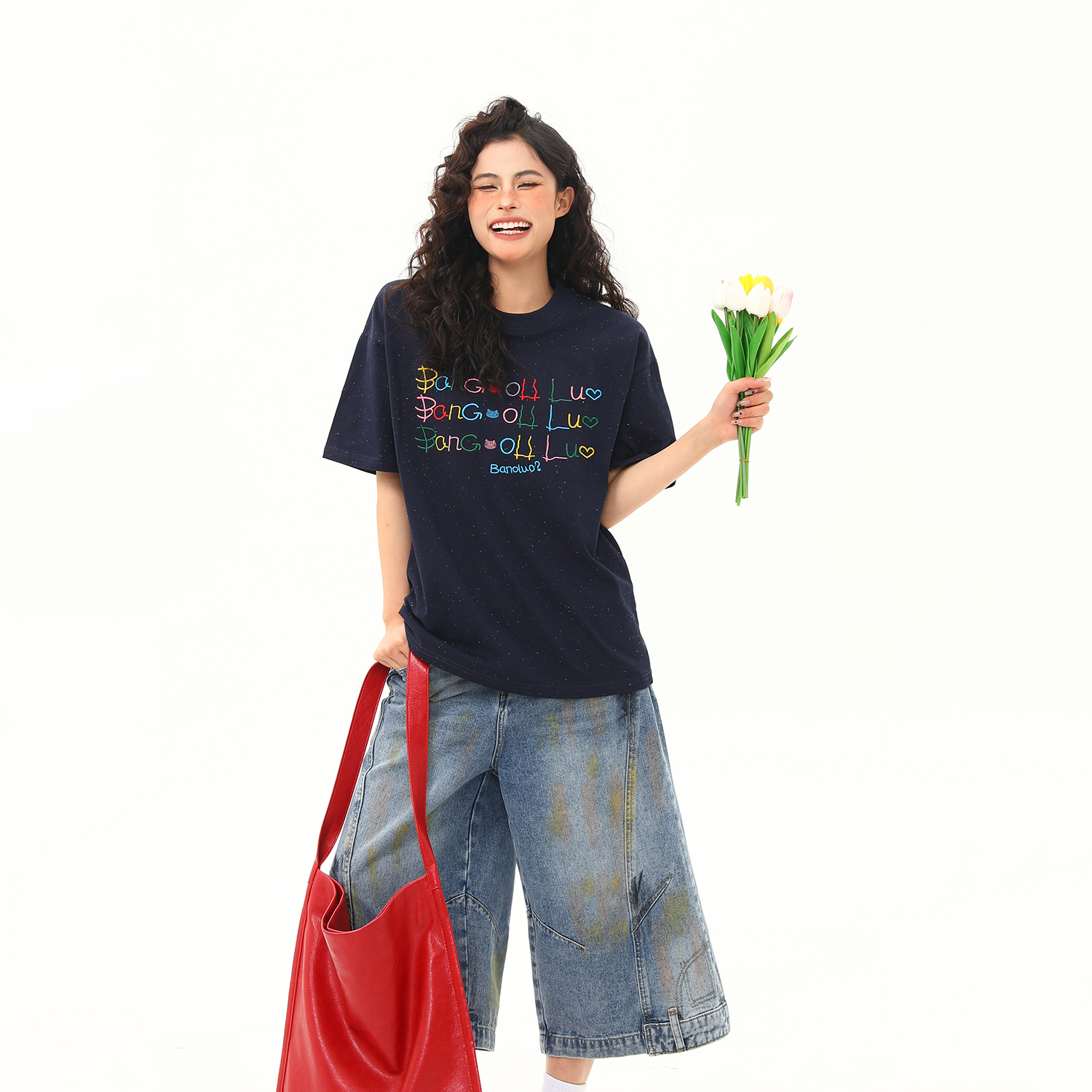 網點滿天星設計感寬鬆短袖T恤女彩虹字母百搭美式上衣