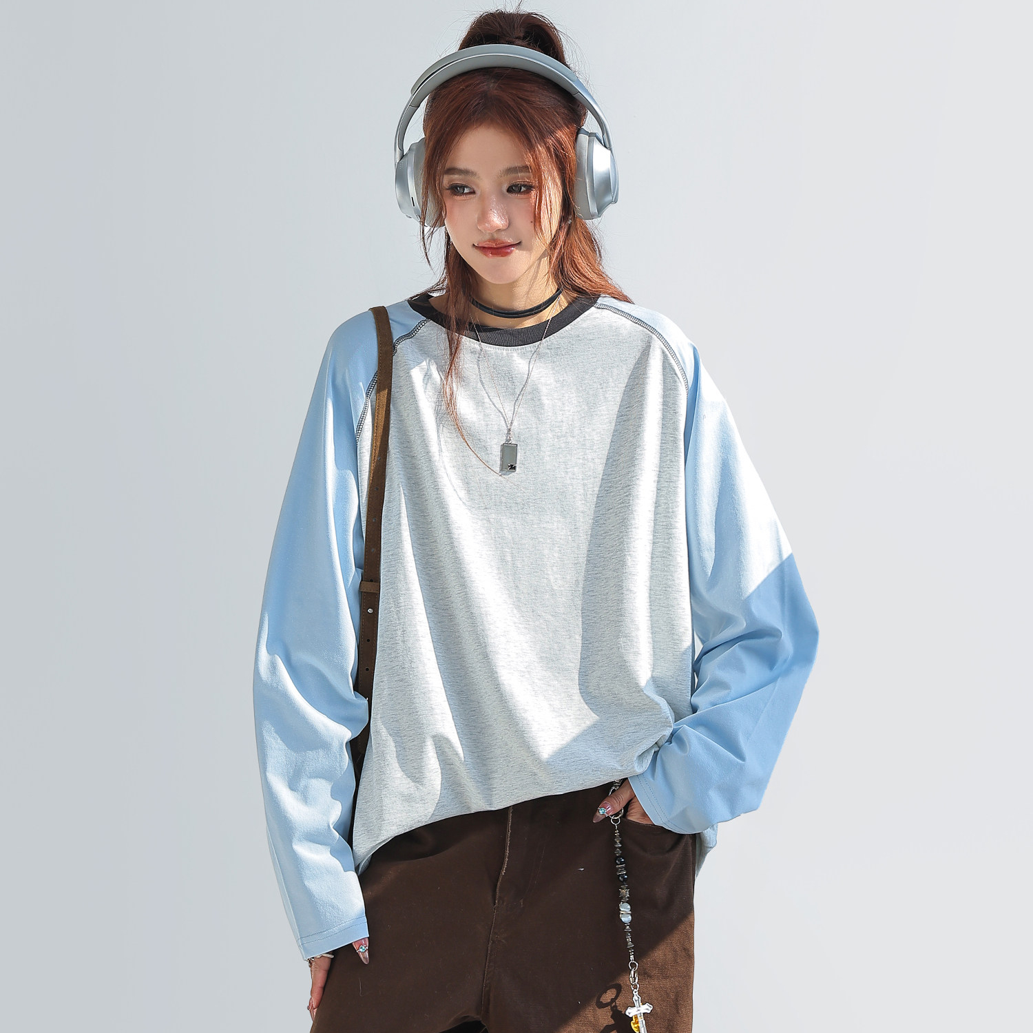 索羅娜撞色拼接插肩長袖上衣女內搭可外穿打底衫t恤