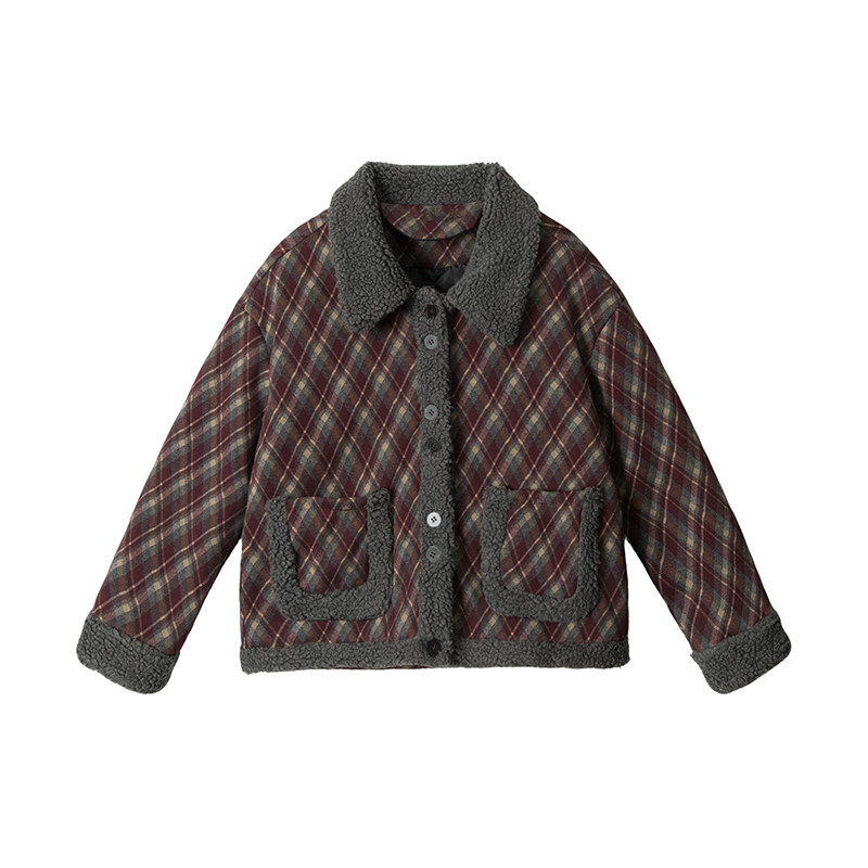羊羔絨拼接格紋高級感外套女冬季新款復古短款翻領棉服