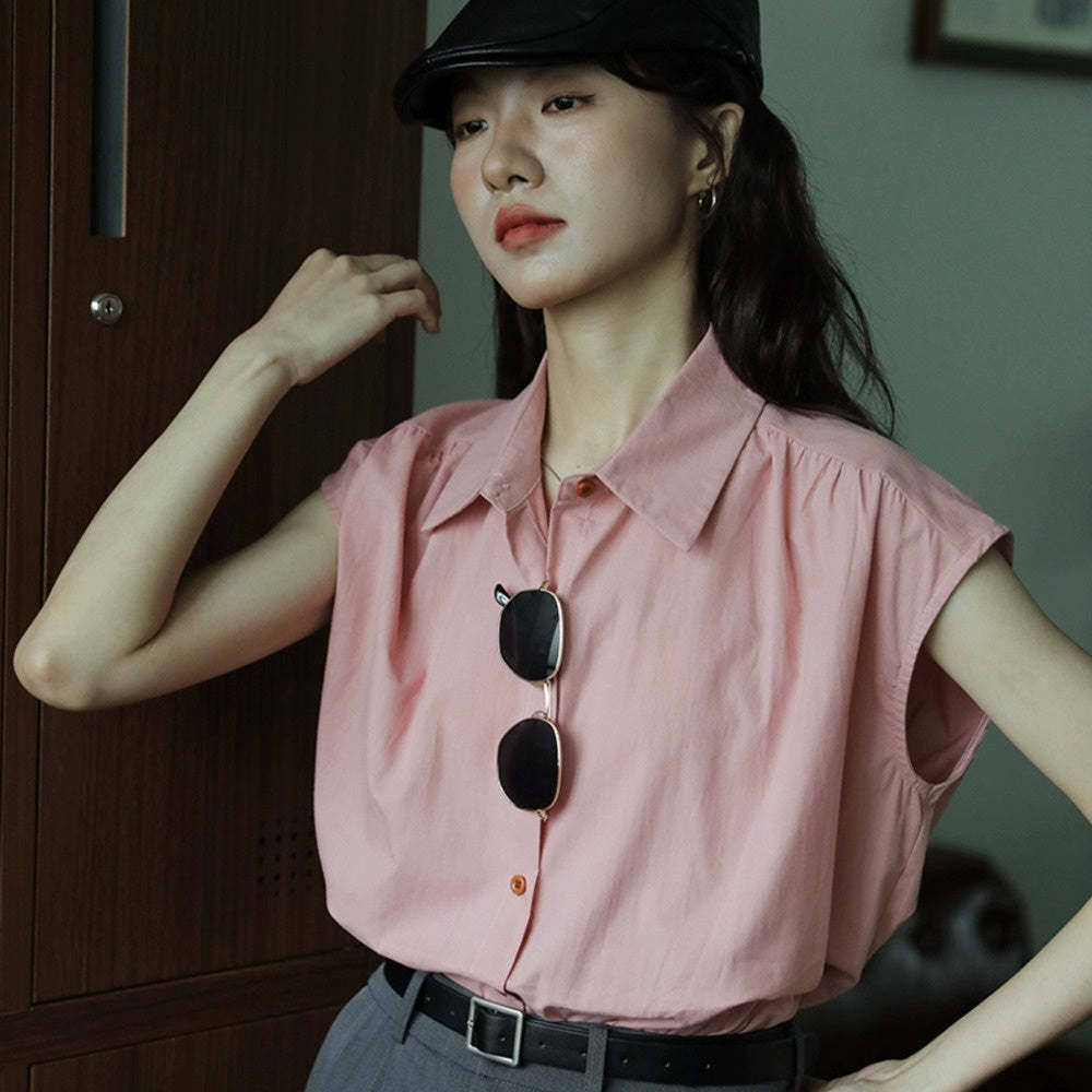 無袖簡約復古設計感短袖襯衫女寬鬆百搭通勤時尚百搭襯衣上衣