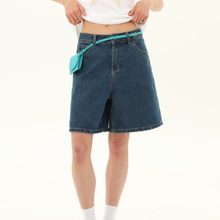 復古後口袋字母刺繡牛仔短褲女夏季中腰休閒闊腿五分褲