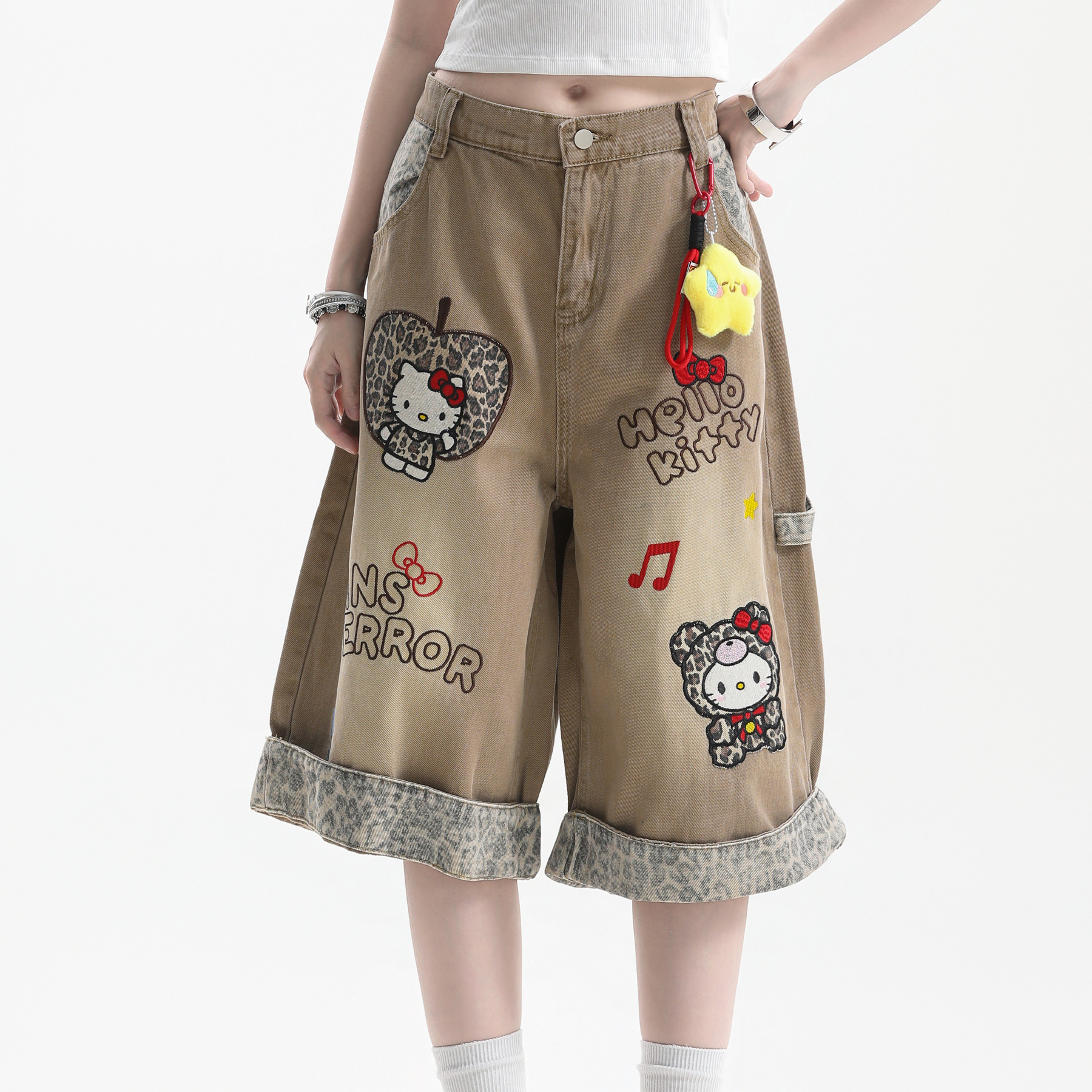 美式復古豹紋拼接Kitty猫刺繡牛仔短褲女直筒七分褲