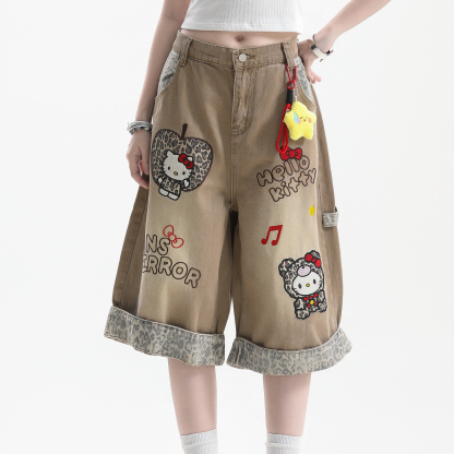 美式復古豹紋拼接Kitty猫刺繡牛仔短褲女直筒七分褲