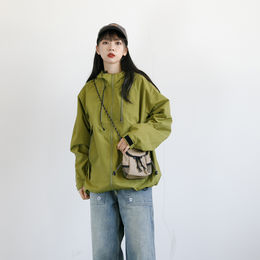 日系連帽戶外工裝拉鍊大口袋衝鋒衣夾克女中性風寬鬆短外套