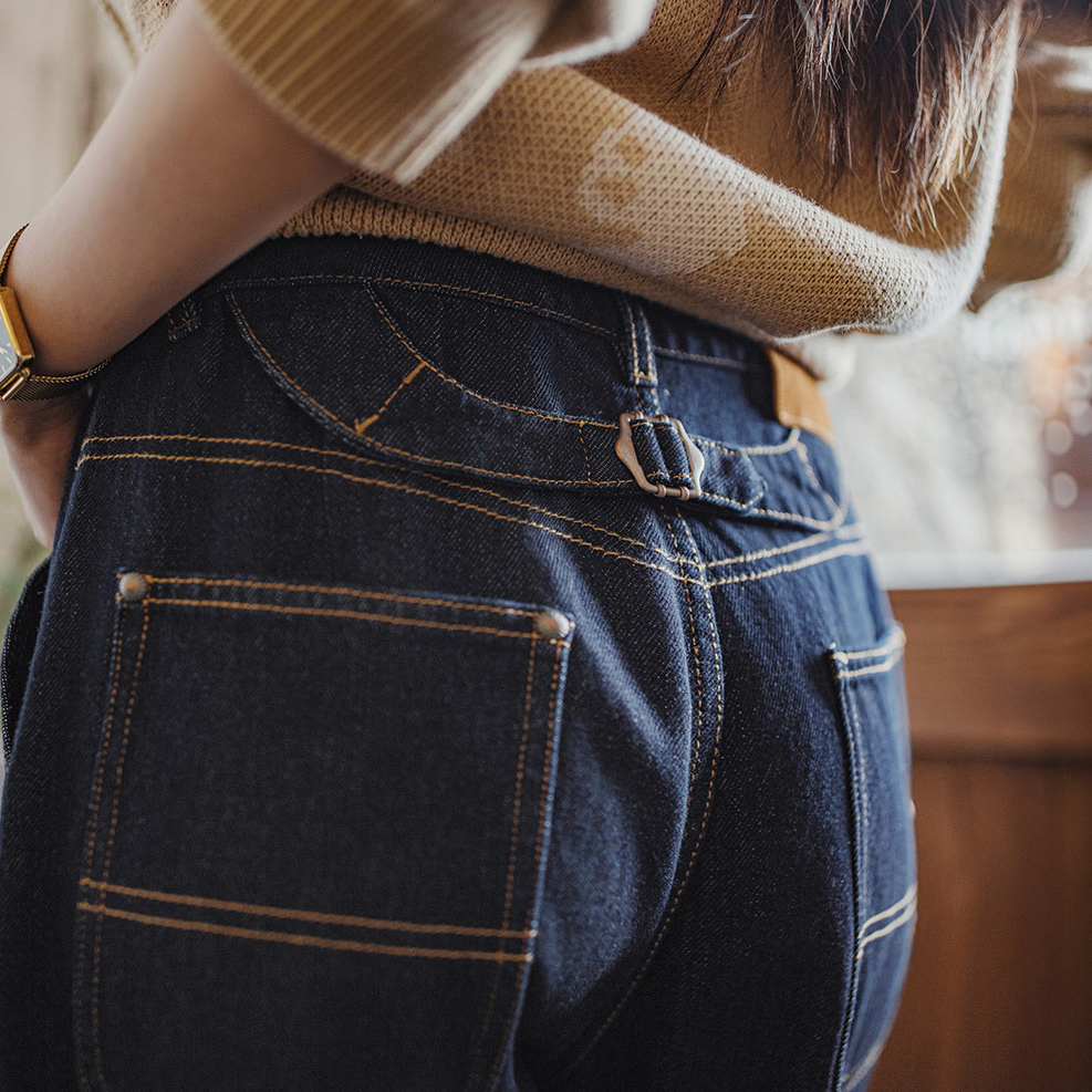 美式巴黎扣丹寧藍原色中腰寬鬆直筒闊腿拖地卷邊牛仔褲女士秋