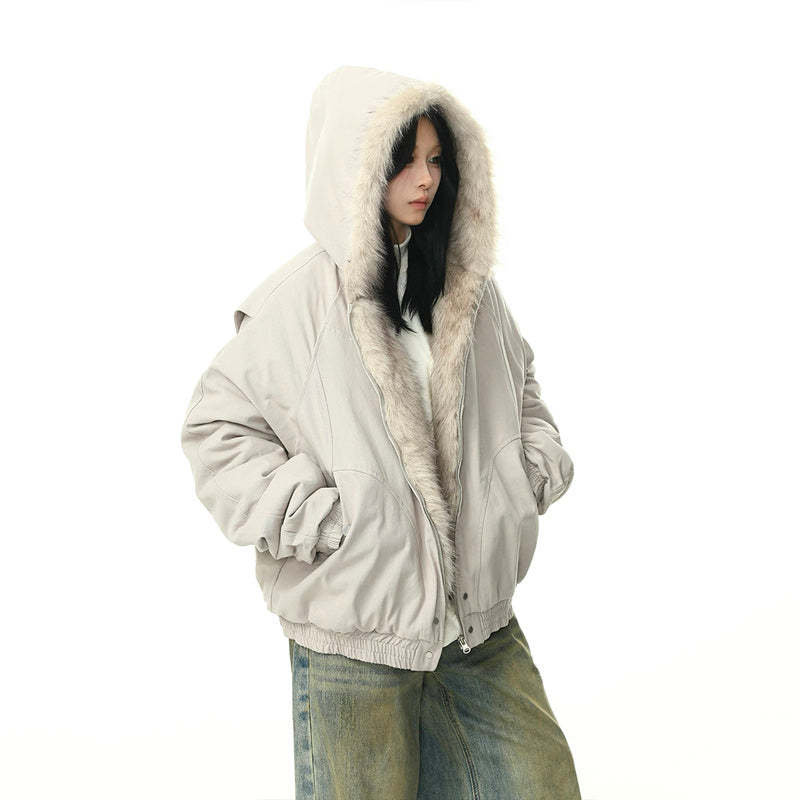 美式復古座山雕毛領外套女冬季加絨加厚保暖潮牌棉服