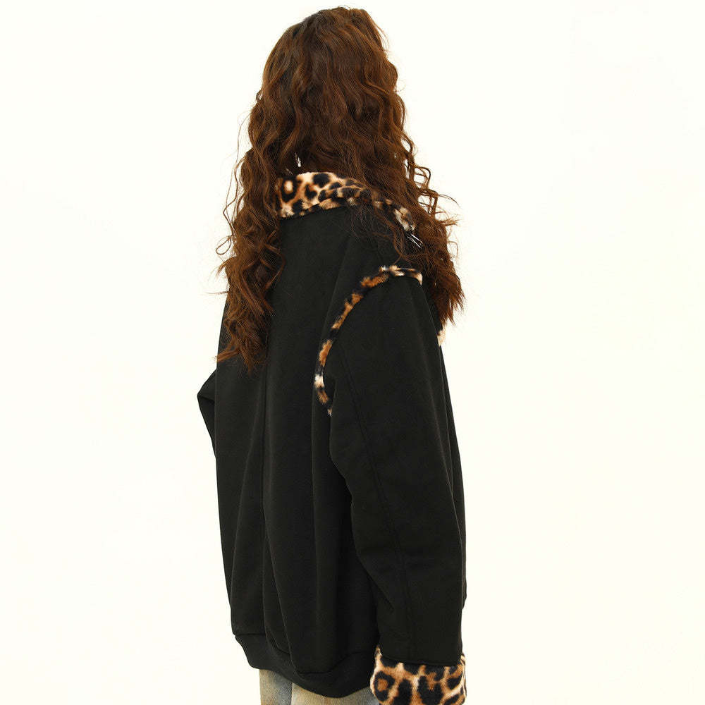 冬季新款美式復古皮毛一體豹紋高級感棉服外套女保暖