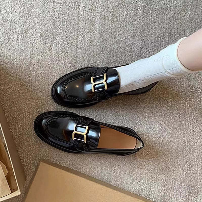 英倫復古風樂福鞋女新款平底單鞋咖色一脚蹬厚底小皮鞋