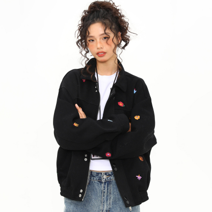 秋冬新款美式復古刺繡小標夾克外套女百搭翻領上衣