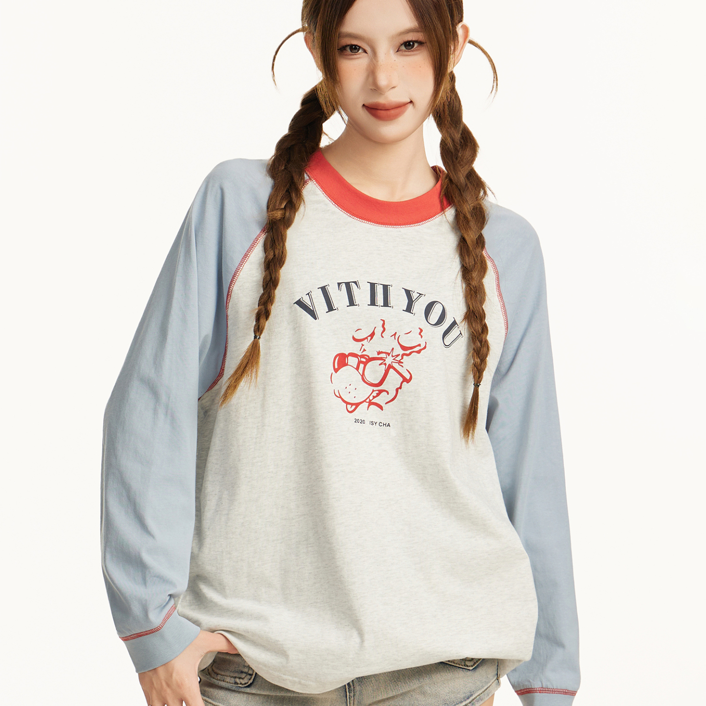 撞色插肩長袖t恤女早秋秋季寬鬆慵懶風正肩內搭打底衫小個子上衣