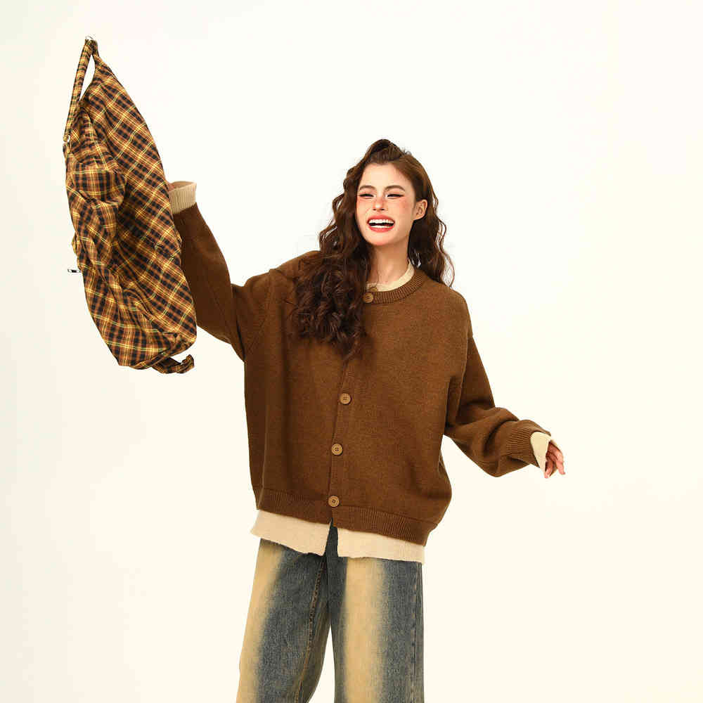 美式復古假兩件針織衫毛衣女秋冬美拉德慵懶寬鬆上衣