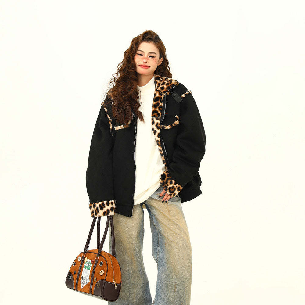 冬季新款美式復古皮毛一體豹紋高級感棉服外套女保暖