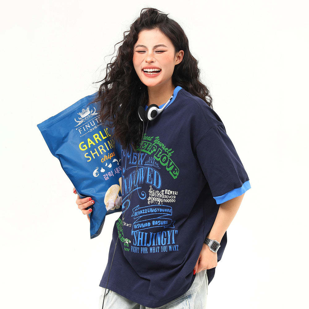 圓領撞色設計感美式復古字母短袖T恤女夏季潮牌上衣