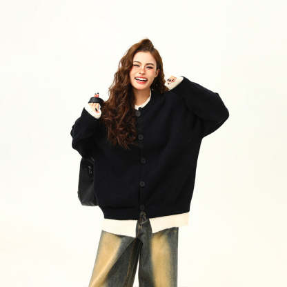 美式復古假兩件針織衫毛衣女秋冬美拉德慵懶寬鬆上衣