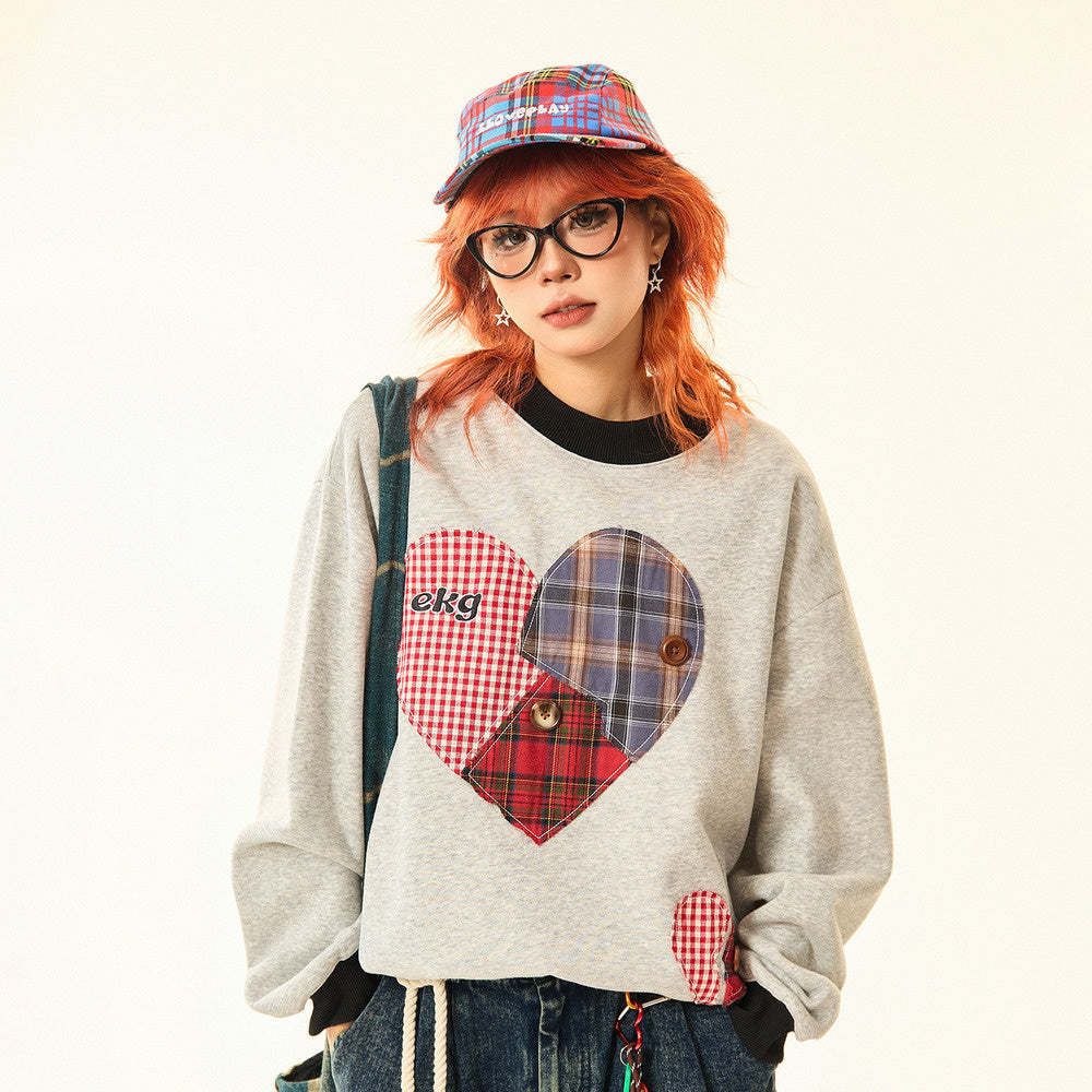 美式復古格子愛心貼布圓領衛衣女秋冬設計感寬鬆休閒上衣
