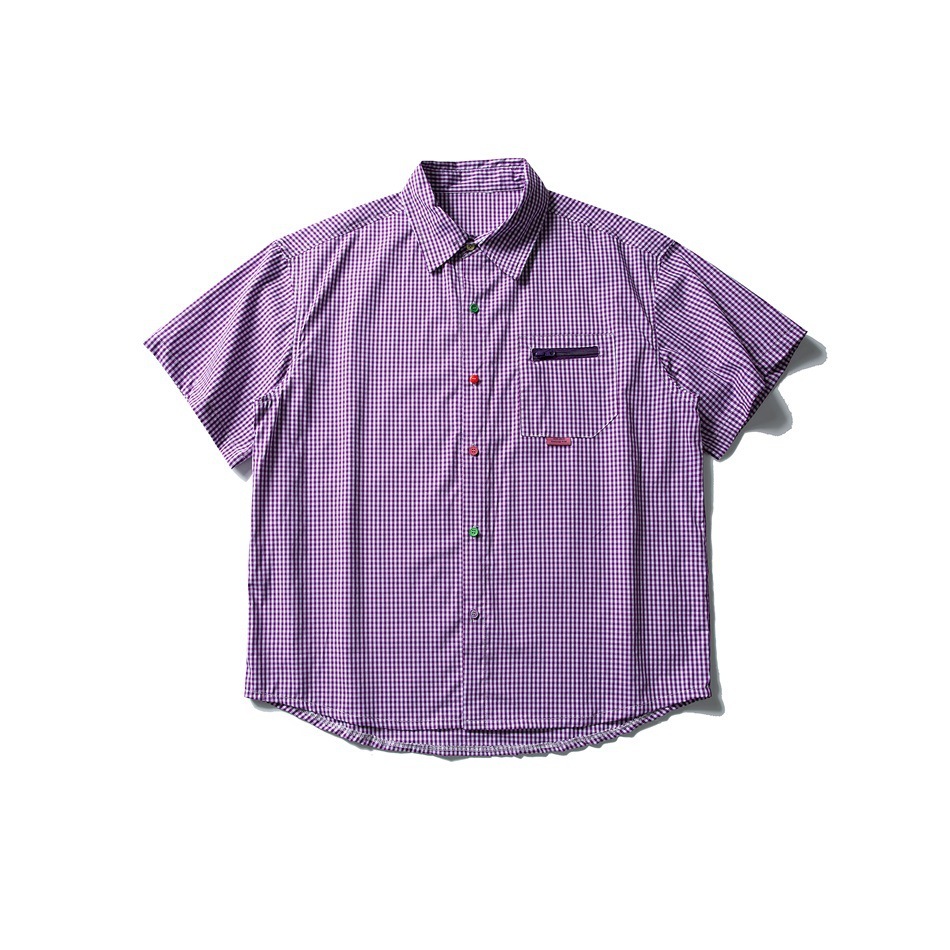 日系復古格子撞色五分袖襯衫女純棉寬鬆工裝休閒短袖襯衣