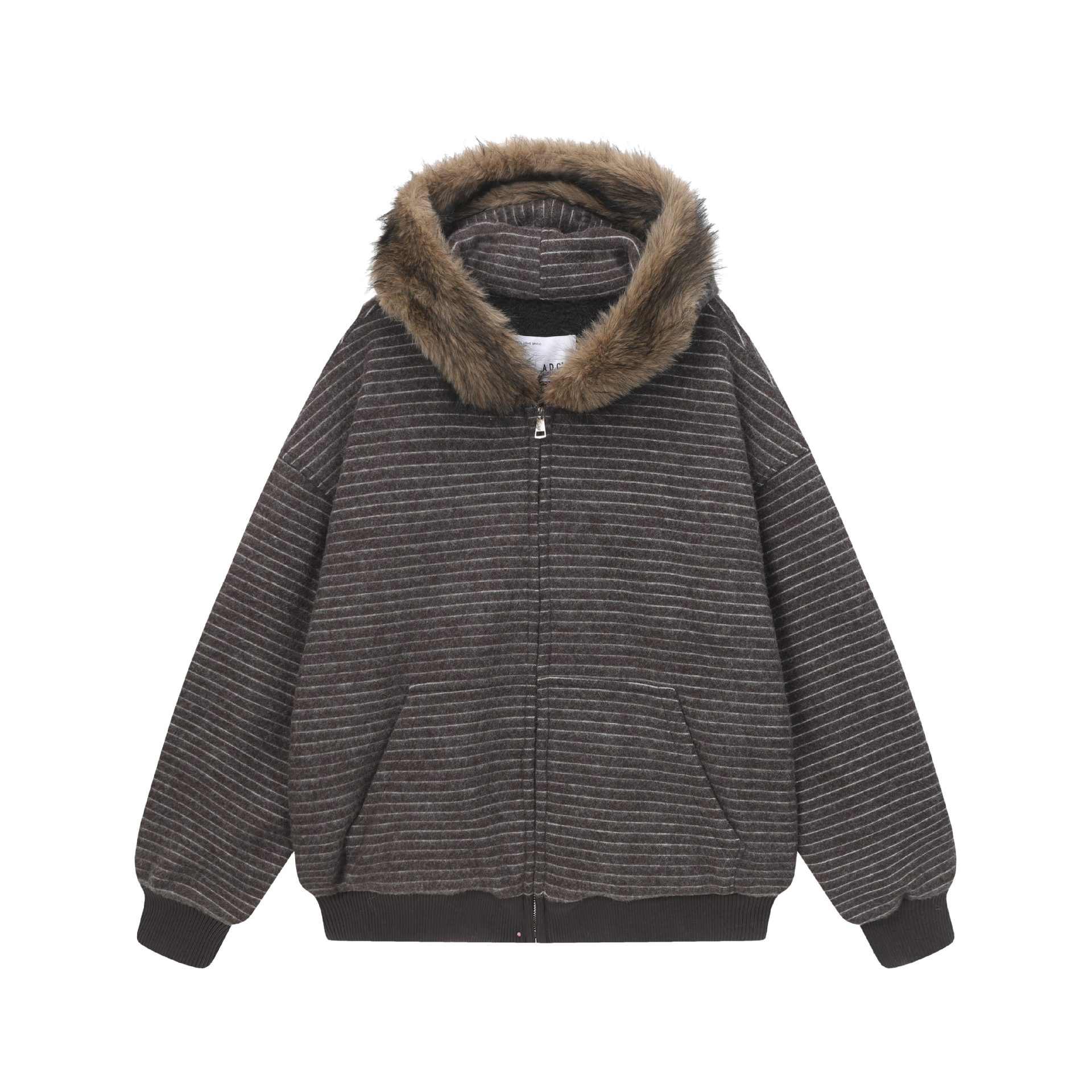 冬季加絨條紋連帽衛衣女美式復古重磅毛領開衫加厚外套