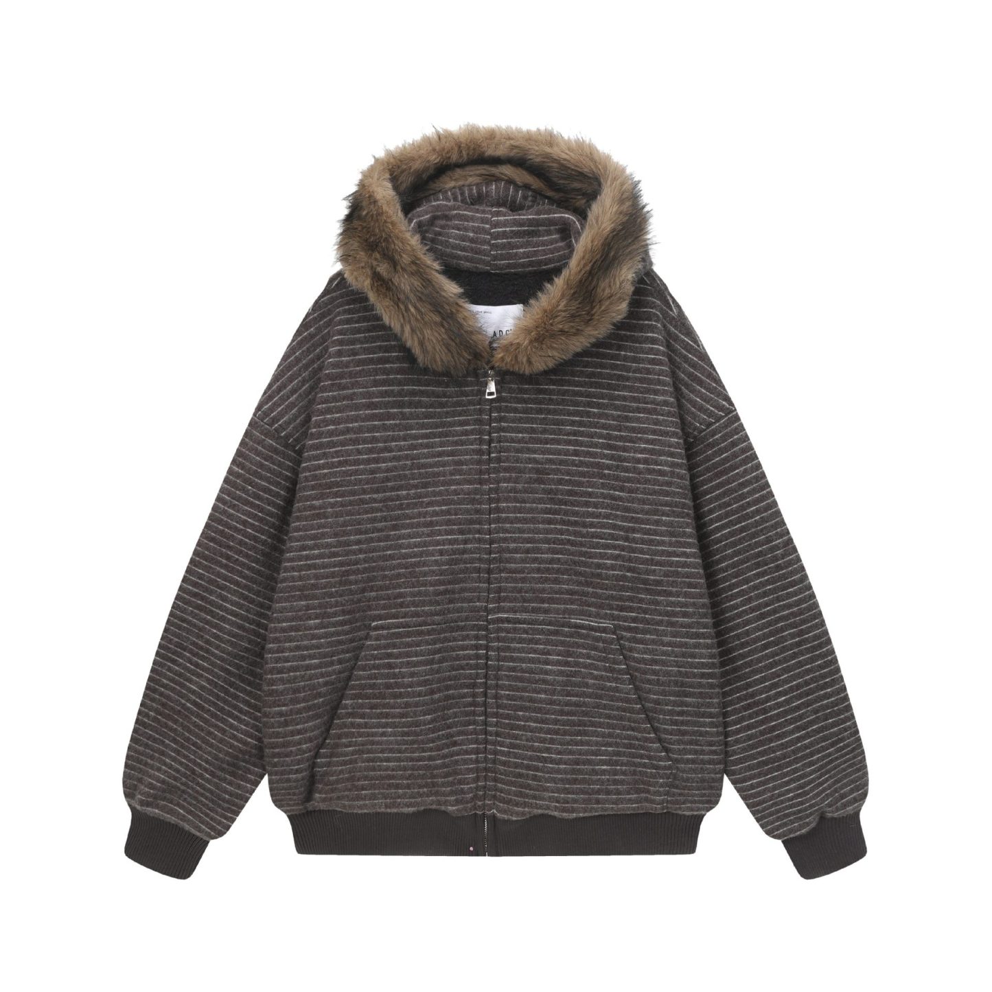 冬季加絨條紋連帽衛衣女美式復古重磅毛領開衫加厚外套