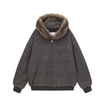 冬季加絨條紋連帽衛衣女美式復古重磅毛領開衫加厚外套