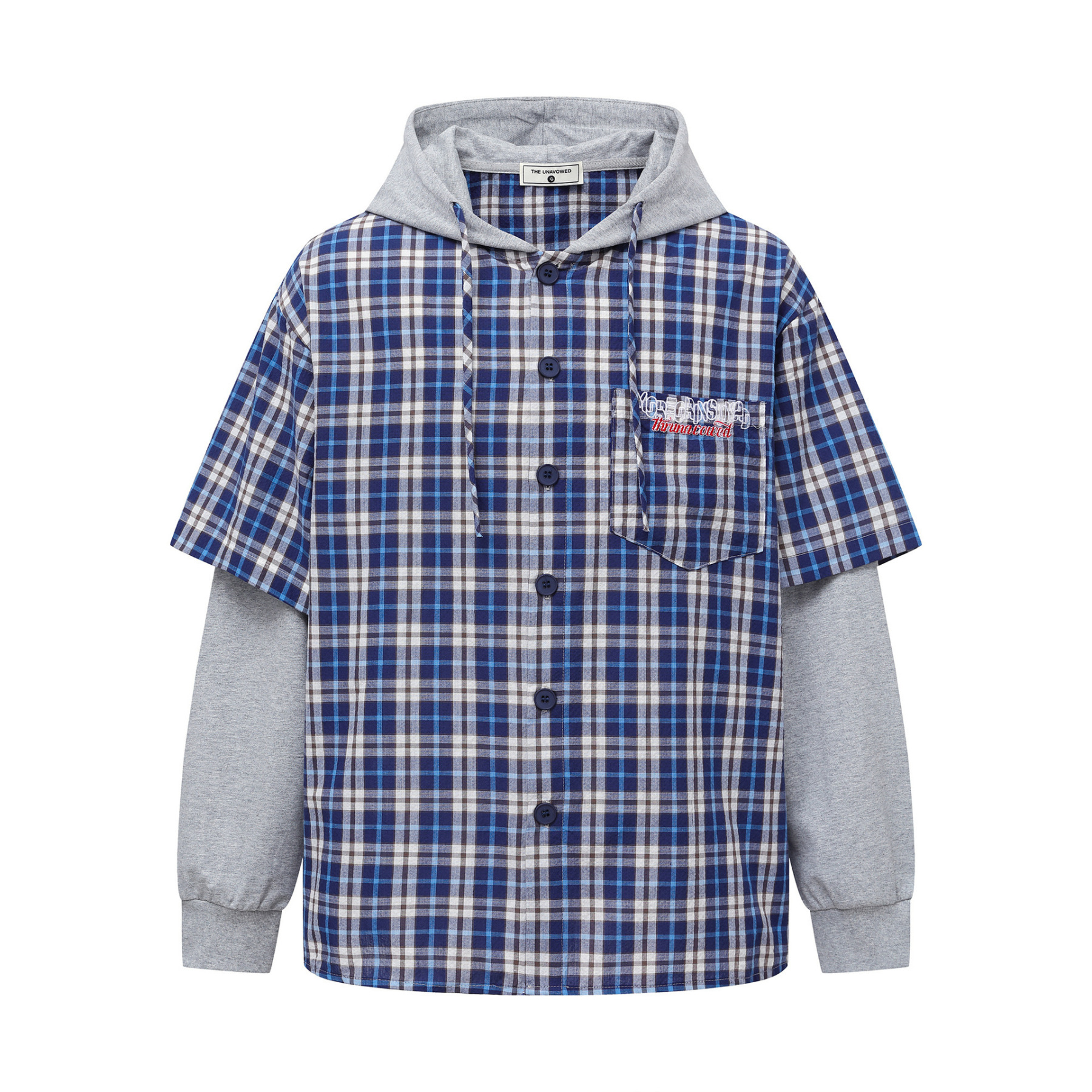 早秋新款假兩件連帽格子長袖襯衫女復古寬鬆百搭外穿襯衣