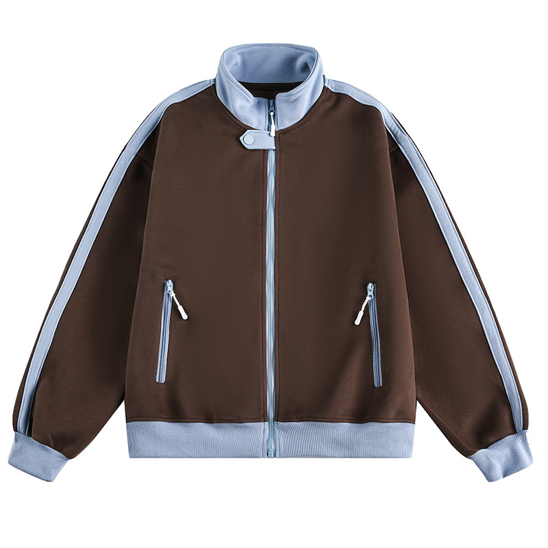 美式復古撞色立領外套女秋季新款拼接設計感衛衣夾克