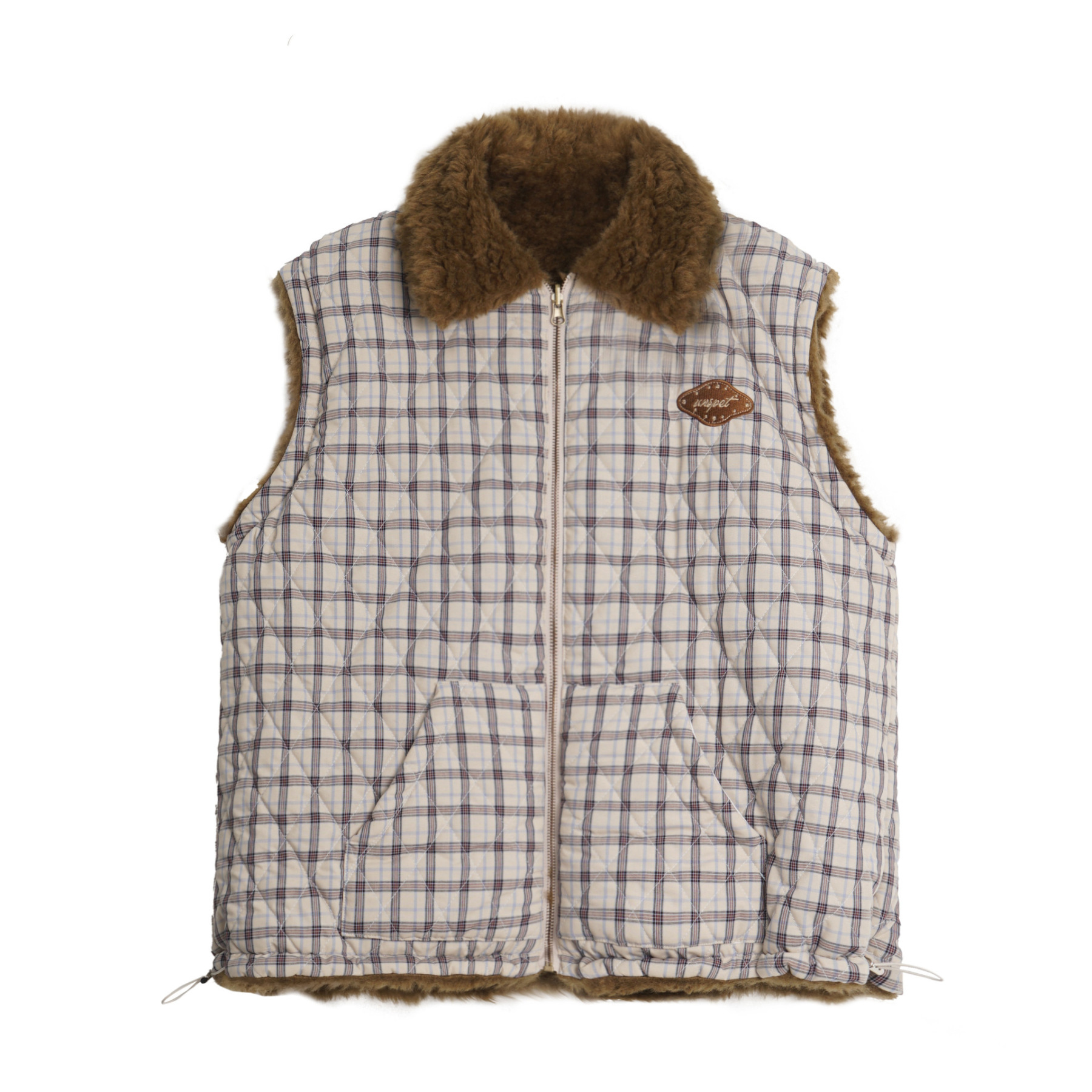 美式復古格紋羊羔毛雙面穿棉服馬甲外套女冬季加厚棉襖