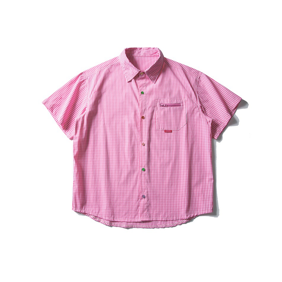 日系復古格子撞色五分袖襯衫女純棉寬鬆工裝休閒短袖襯衣