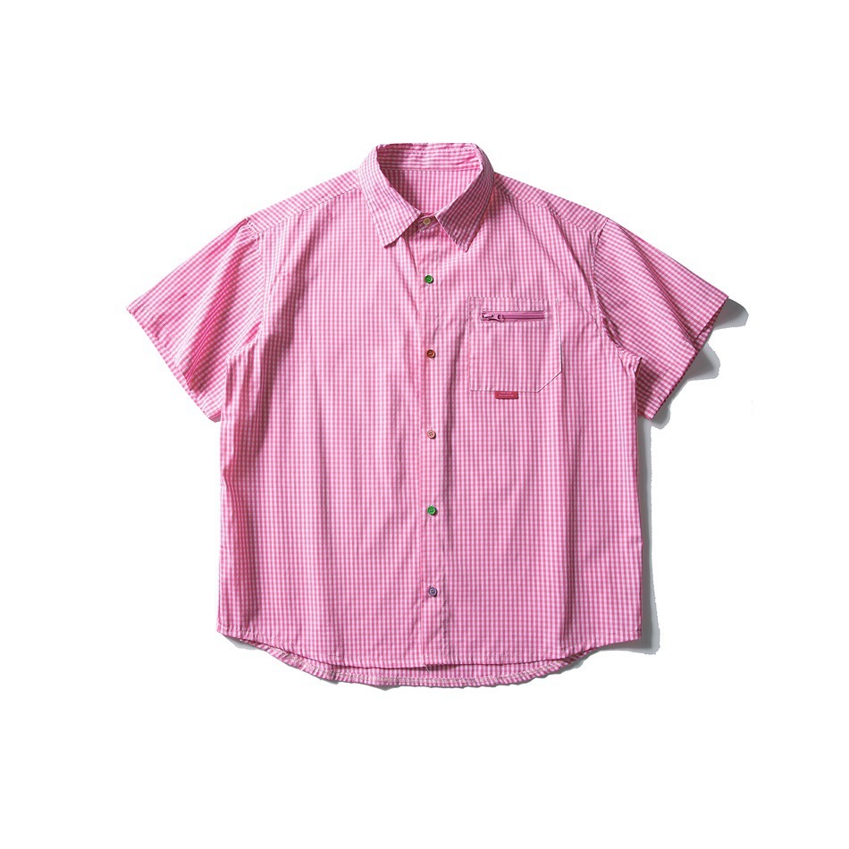 日系復古格子撞色五分袖襯衫女純棉寬鬆工裝休閒短袖襯衣