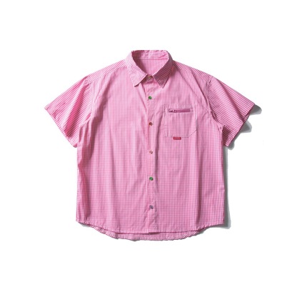 日系復古格子撞色五分袖襯衫女純棉寬鬆工裝休閒短袖襯衣