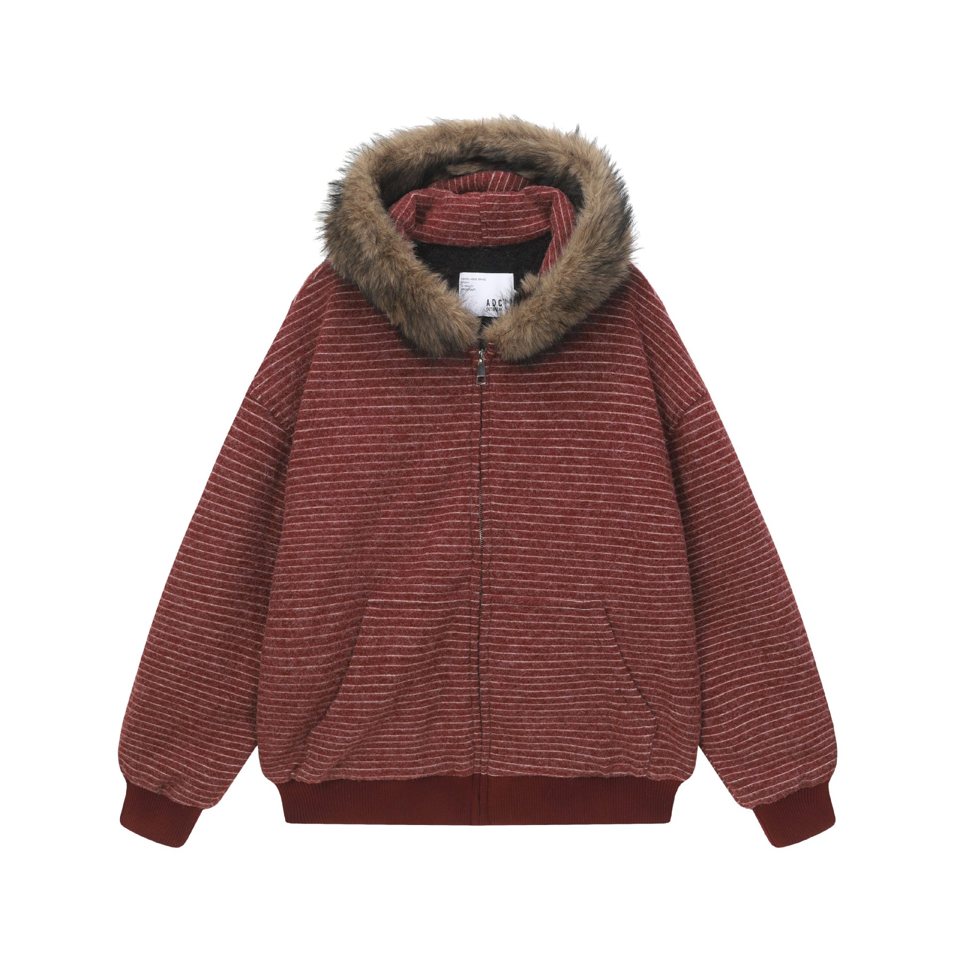 冬季加絨條紋連帽衛衣女美式復古重磅毛領開衫加厚外套