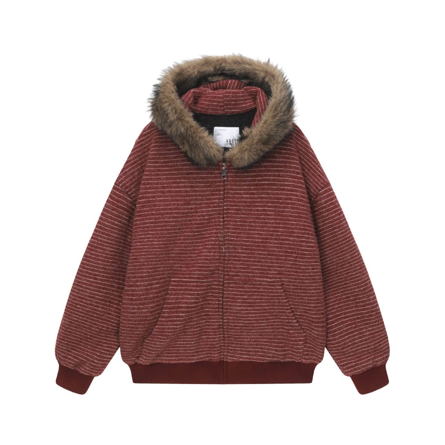 冬季加絨條紋連帽衛衣女美式復古重磅毛領開衫加厚外套