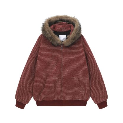 冬季加絨條紋連帽衛衣女美式復古重磅毛領開衫加厚外套