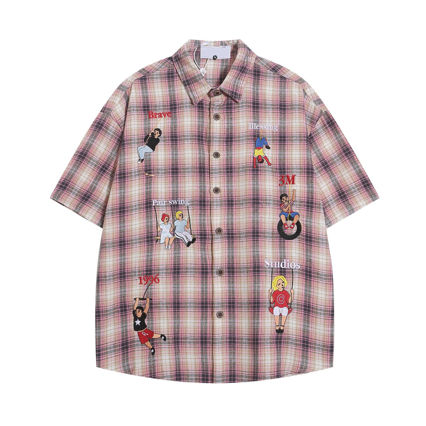 美式復古格子短袖襯衫女刺繡小眾設計感夏季百搭襯衣