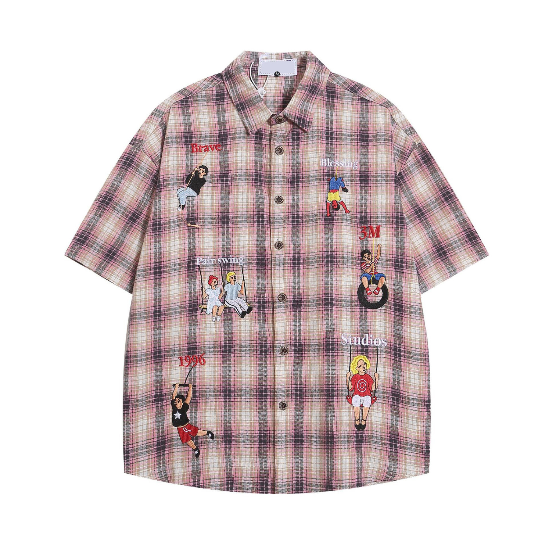 美式復古格子短袖襯衫女刺繡小眾設計感夏季百搭襯衣