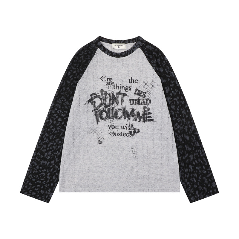 春季新款美式復古拼接撞色長袖T恤女寬鬆慵懶風防曬罩衫