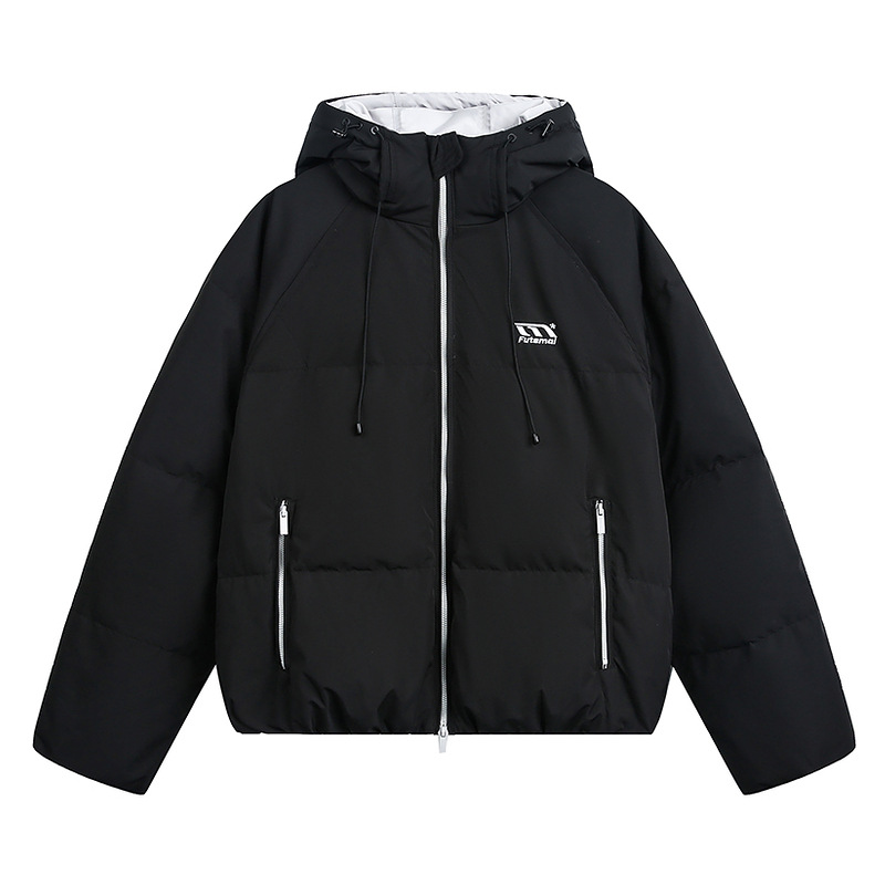 美式復古90白鴨絨羽絨服女冬季撞色戶外保暖連帽棉服外套