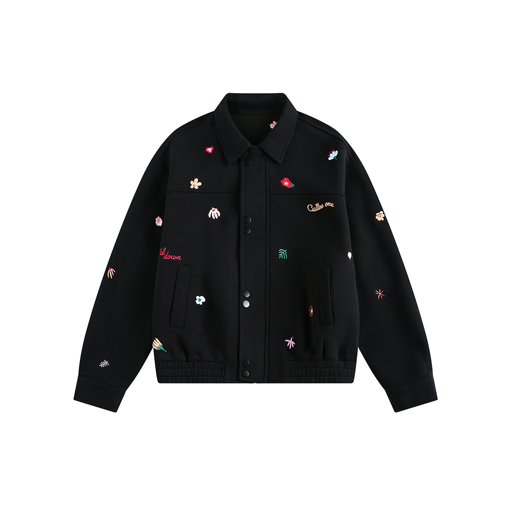 秋冬新款美式復古刺繡小標夾克外套女百搭翻領上衣