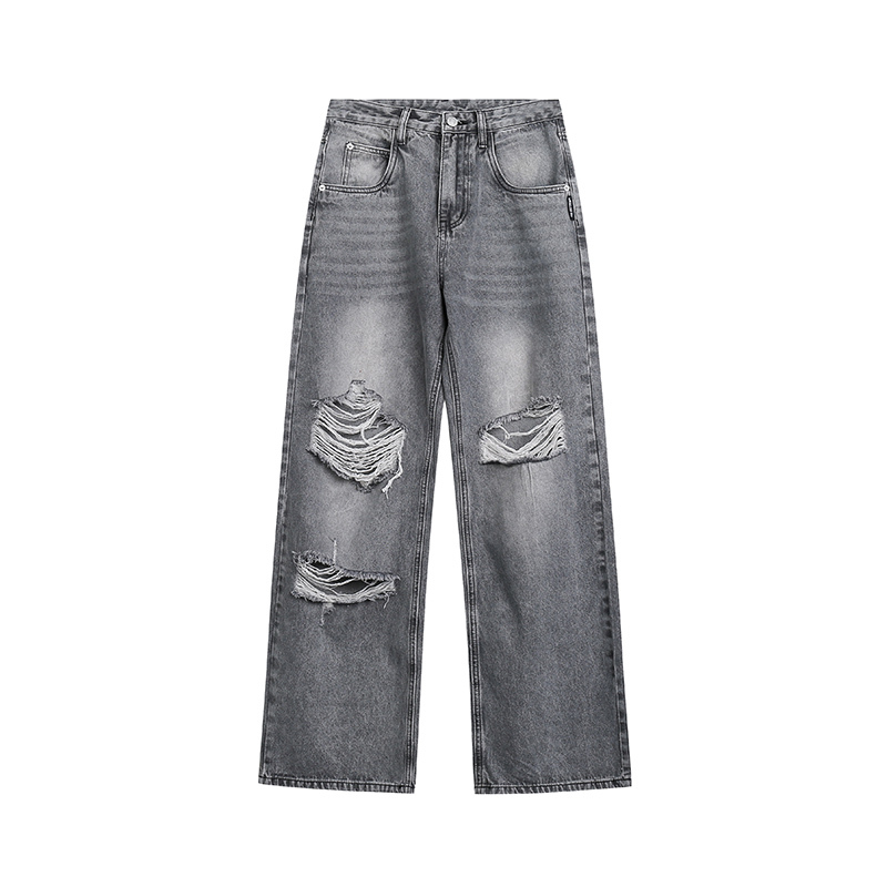 設計感破洞牛仔褲女新款春季高腰直筒寬鬆休閒褲ins拖地褲