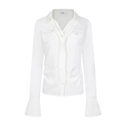 粉色綢緞條紋顯瘦掐腰長袖襯衫女辣妹甜酷飄帶設計感上衣