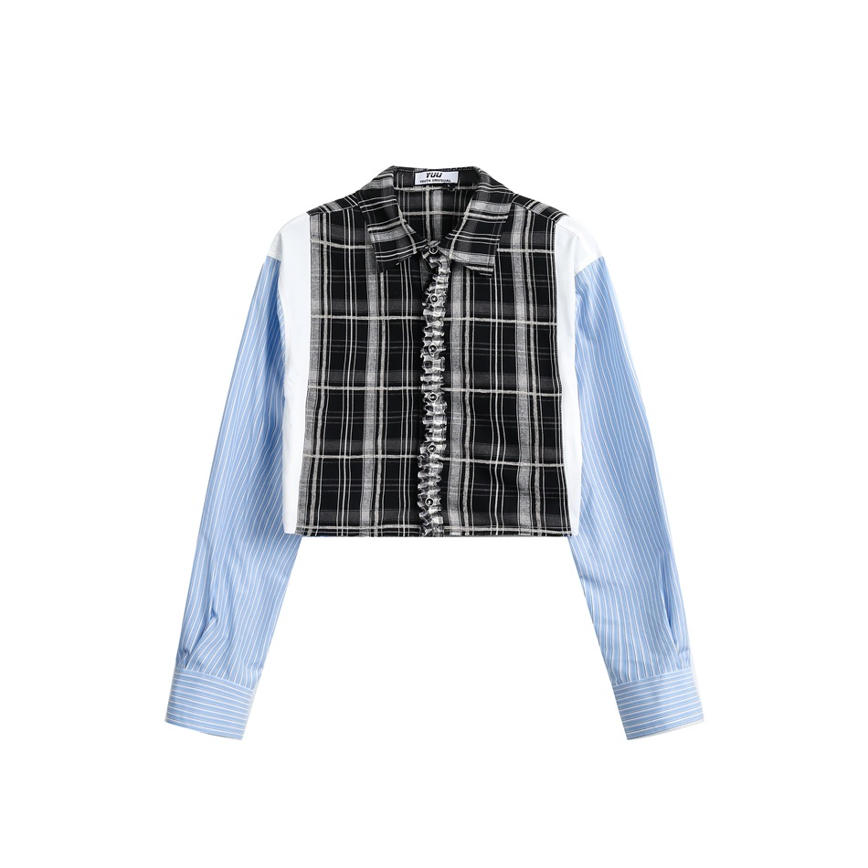 超短款拼接條紋襯衫女小眾設計款春秋長袖外套別致上衣