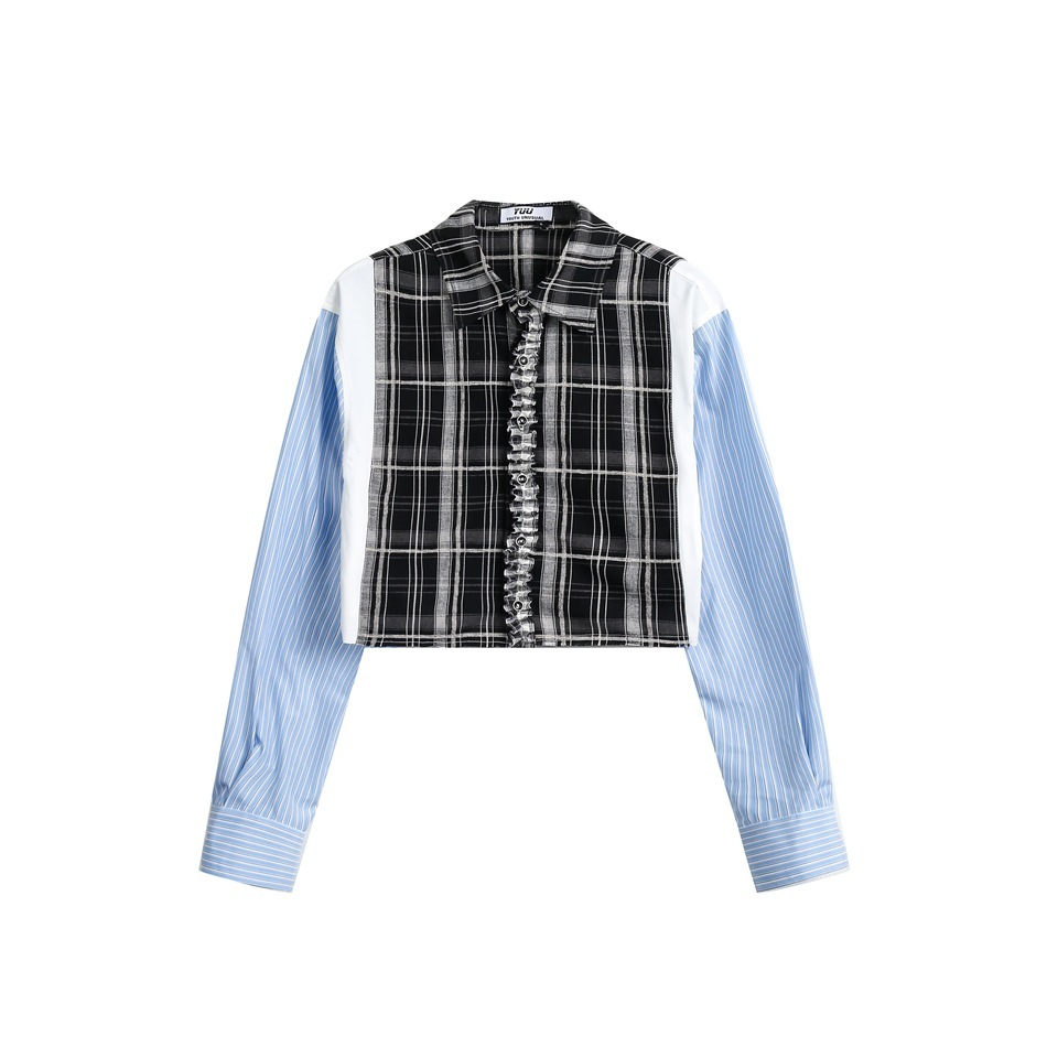 超短款拼接條紋襯衫女小眾設計款春秋長袖外套別致上衣