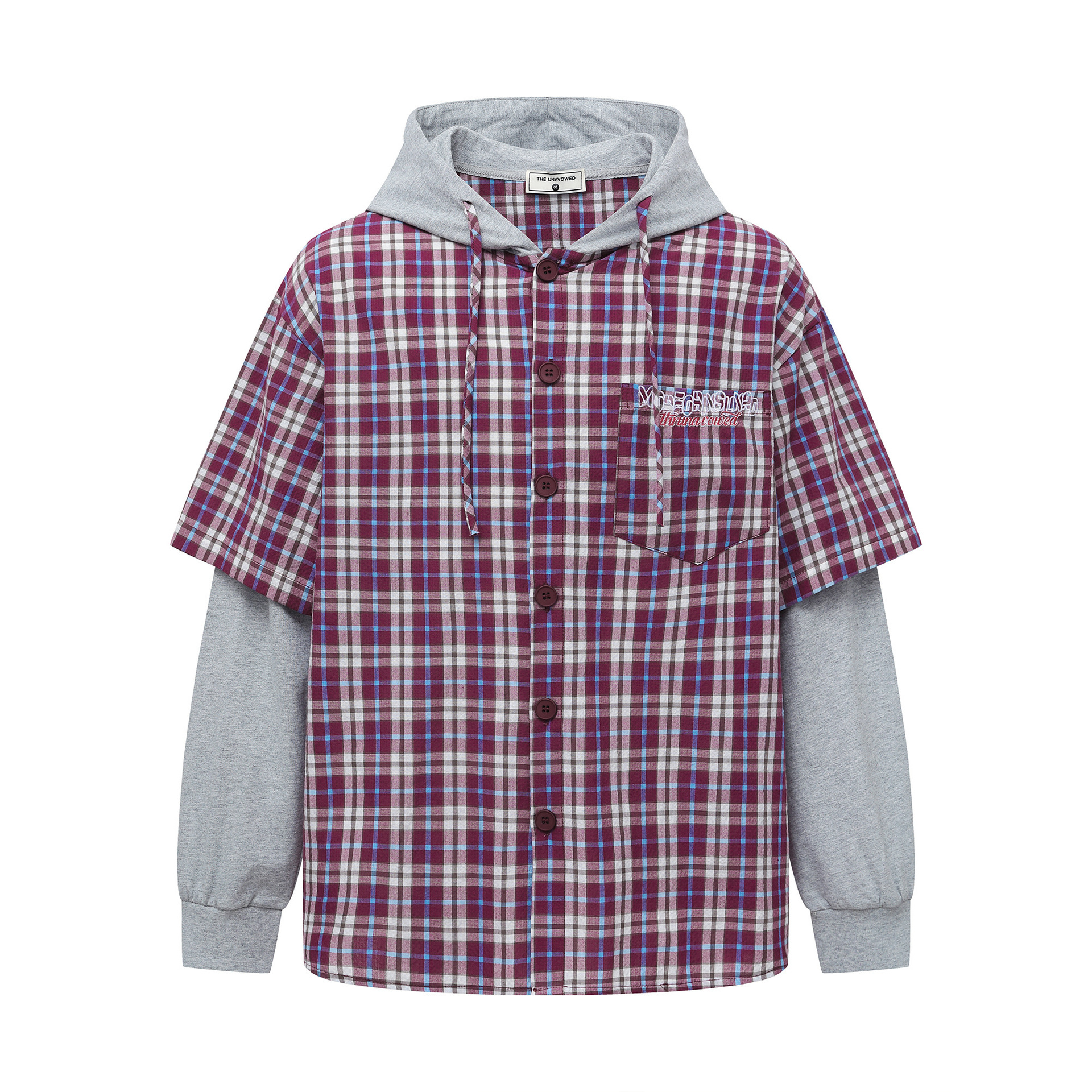 早秋新款假兩件連帽格子長袖襯衫女復古寬鬆百搭外穿襯衣