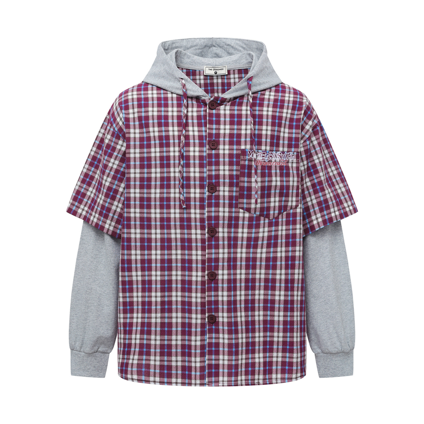 早秋新款假兩件連帽格子長袖襯衫女復古寬鬆百搭外穿襯衣